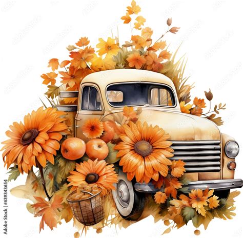 Fall Pumpkin Truck Clipart, Watercolor Vintage Farm Truck PNG, Autumn Elements, Autumn Truck ...