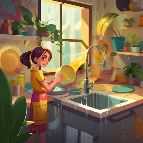 Premium Ai Image A Cartoon Of A Girl Washing Dishes In A Kitchen