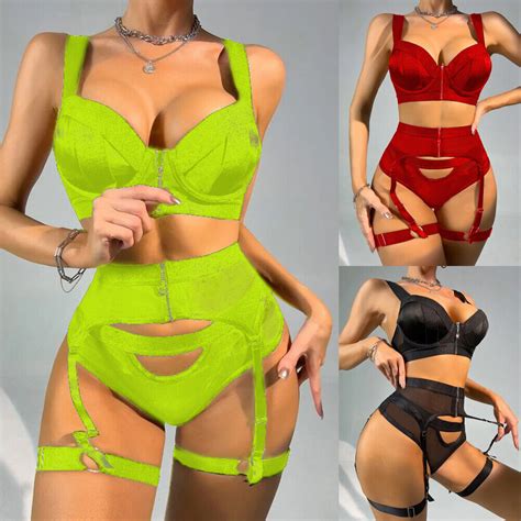 Sexy Women Lingerie Set With Garter Belt Lace Mesh Bodydoll Sleepwear