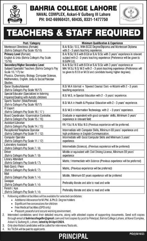 Bahria College Lahore BCL Teaching And Support Staff Jobs 2024 Filectory