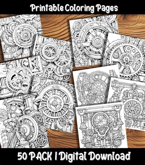 Steampunk Gears Coloring Pages Digital 50 Pack