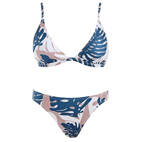 Sexy Striped Padded Bathing Suit Push Up Bikini Set Leaves Print Padded