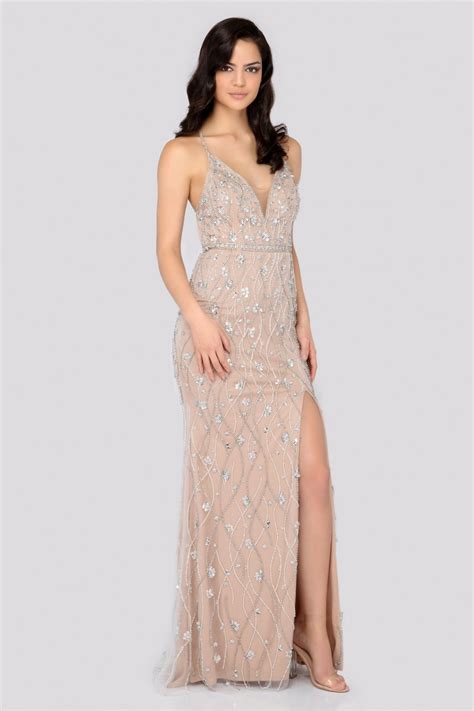 Beaded Plunging V Neck Sheath Dress With Slit Terani Couture 1911p8112