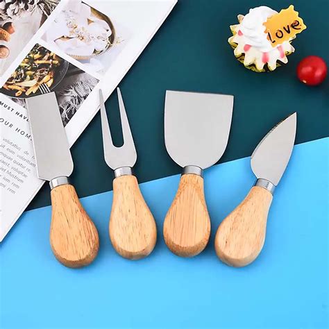 Set Of 4 Stainless Steel Cheese Knives With Wooden Handles For Slicing