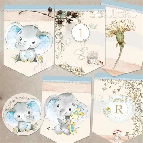 Kit Imprimible Elefante Celeste Baby Shower Bosque En Venta En