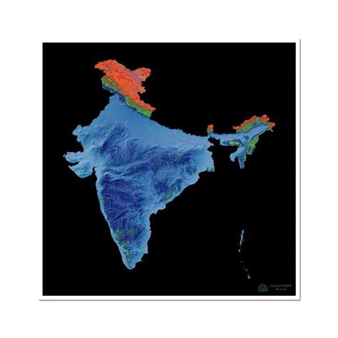 Elevation map of India with black background Fine Art Print - 36x36 ...