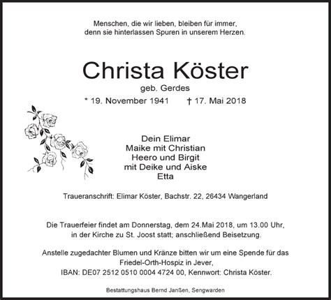 Traueranzeigen von Christa Köster nordwest trauer de