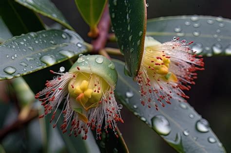 Closeup de flores de eucalipto gotas de orvalho da manhã Foto Premium