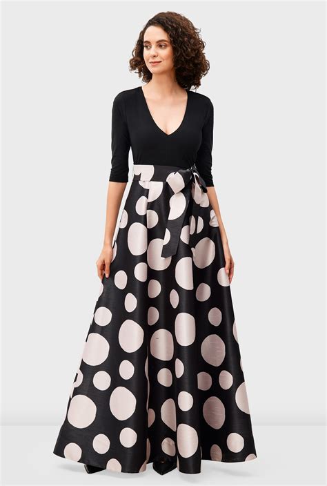 Shop Polka Dot Print Dupioni And Jersey Knit Maxi Dress Eshakti