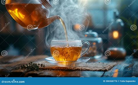 A Rustic Teapot Pouring Hot Herbal Tea Into A Glass Cup Steam Rising Gracefully Stock Photo