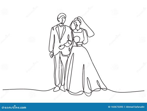 Continuous One Line Drawing Of Wedding Couple Man And Woman Standing