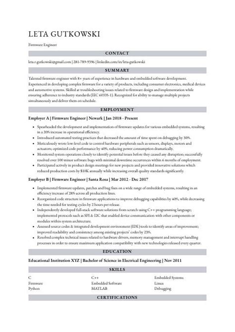 Firmware Engineer Resume (CV) Example and Writing Guide