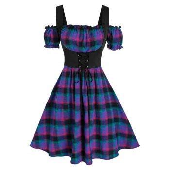 Plus Size Plaid Lace Up Open Shoulder A Line Dress Sling Dress Girls