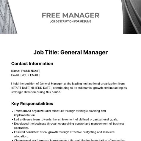 Free Manager Job Description for Resume Template - Edit Online ...