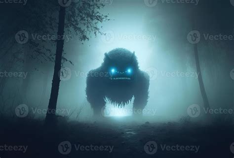 Scary alien monster in the misty night forest. The creepy silhouette of ...