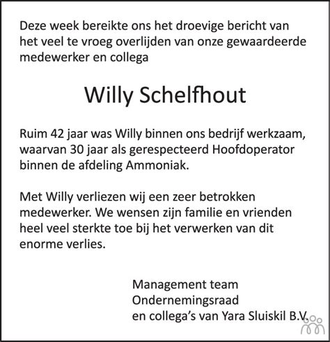 Willy Schelfhout Overlijdensbericht En Condoleances