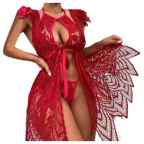 Femmes Rouge Sexy Guipure Dentelle Attaché Détail Découpe Lingerie Ensemble Sling Creux Pyjama