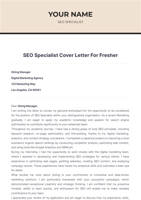 Free Seo Specialist Cover Letter For Fresher Template Edit Online And Download