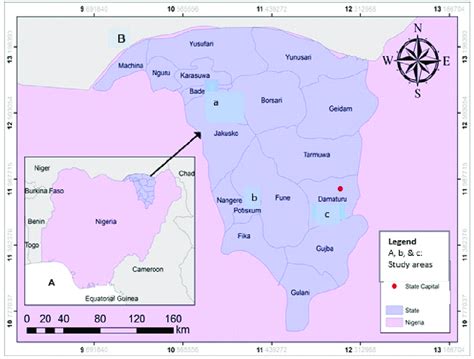 (A) Map of Nigeria showing Yobe State; (B) Yobe state showing the three ...