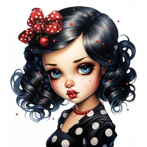 Premium Photo Cartoon Girl With Black Hair And Polka Dot Dress With Red Bow Generative Ai