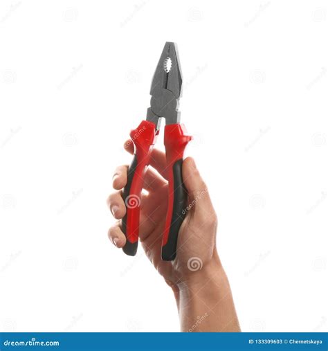 Male Plumber Holding Pliers On White Background Stock Image Image Of