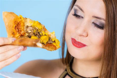 Woman Eating Hot Pizza Slice Stock Image Image Of Dinner Lunch