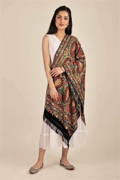 Black Beauty Woolen Stole From Kashmir With Aari Embroidered Floral