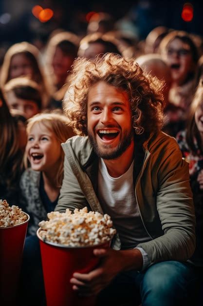 Premium Photo | Young man laughing eating popcorn and watching a comedy ...