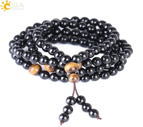 CSJA Multilayer Obsidian Bracelet 6mm Round Natural Stone Buddha Prayer