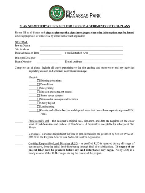 Fillable Online Plan Submitter S Checklist For Erosion Sediment