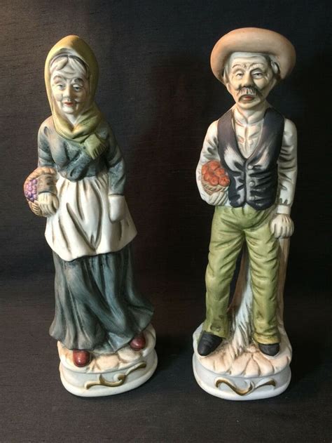 Vintage Antique Pair Old Man And Woman Porcelain Bisque Statue