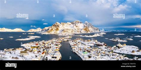 Aerial Panoramic Of Henningsvaer Covered With Snow Vagan Municipality