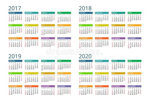 Calendar For 2017 2018 2019 2020 Week Starts Sunday Simple Vector