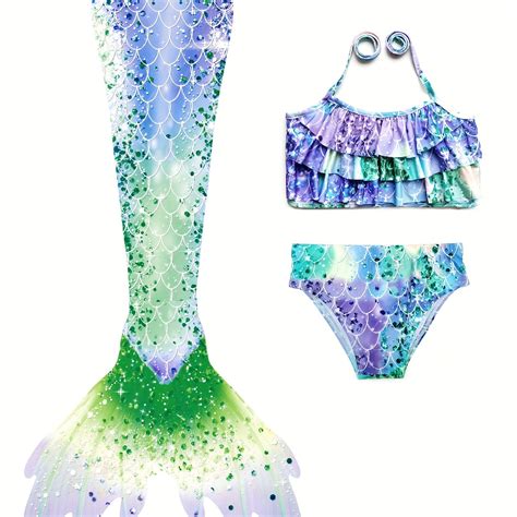 Jkzcp Three Piece Mermaid Tail Bikini Set Girls Quick Dry Stretch