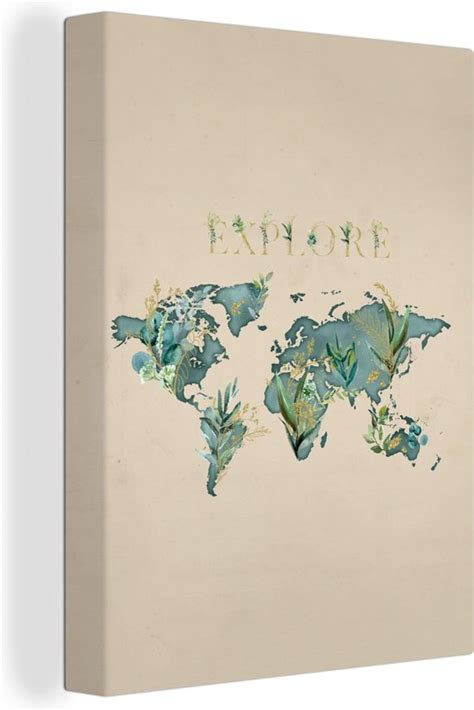 D Coration Murale Carte Du Wereldkaart Turquoise Plantes Toile