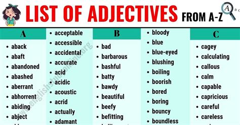 List Of Adjectives In English Learn The Useful List Of Common Adjectives From A To Z To Improve