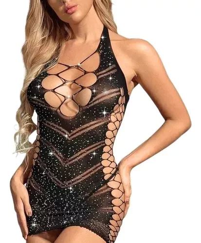 Lingerie Sexy Mini Vestido Arrastão C Strass Sensual Luxo