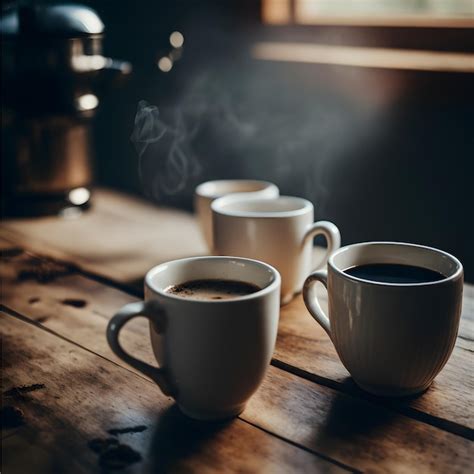 Taza De Café Caliente En Fotografía De Mesa De Madera Foto Premium