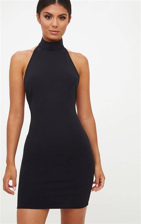 Black High Neck Low Back Bodycon Dress Dresses Prettylittlething Ca