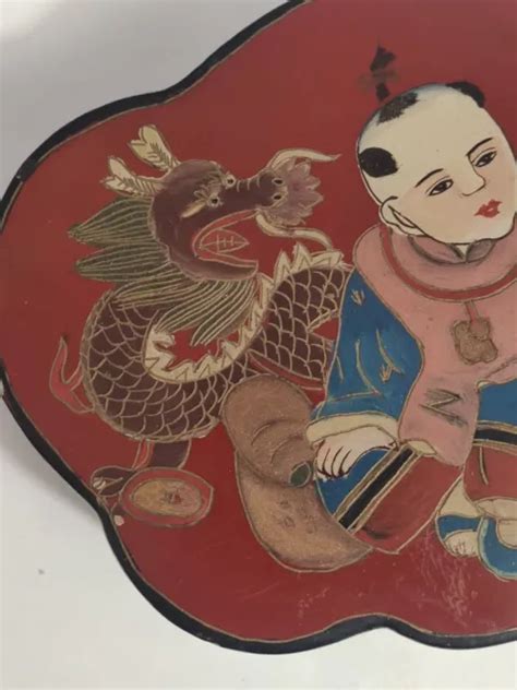 SUPERBE BOÎTE CHINOISE Ancienne Peinte à La Main enfant et dragon EUR