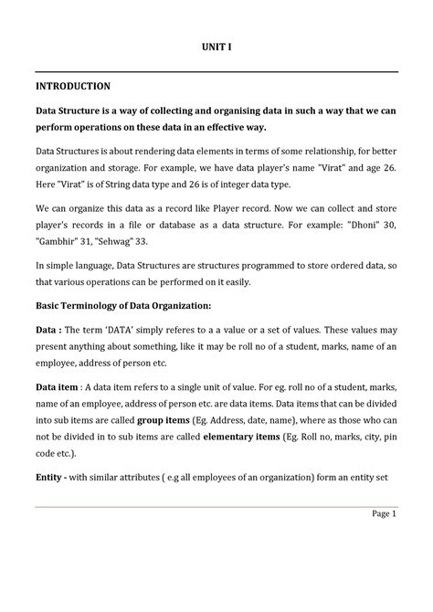 Data Structures Unit 1 Summary Unit I Introduction Data