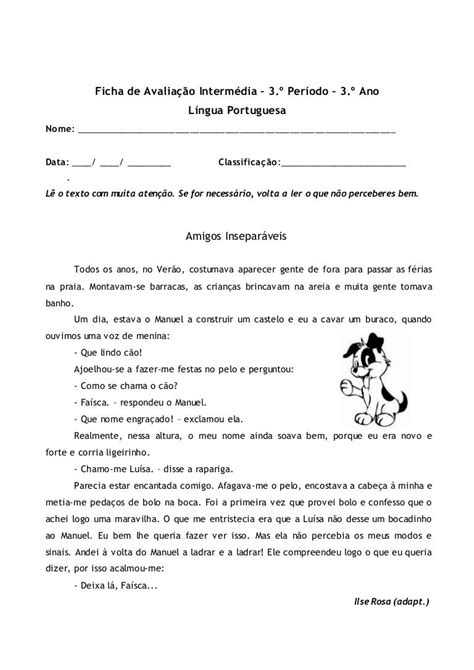 Ficha Avaliação Intermédia 3º Período Lp 3º Ano