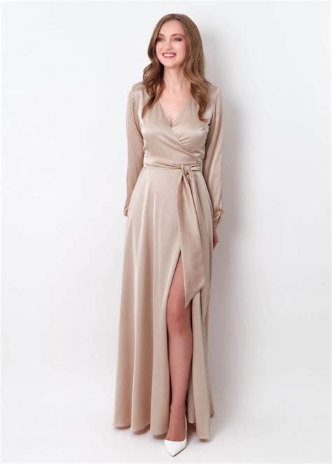 Champagne Beige Wrap Long Dress Silk Dress Wrap Dress Bridesmaid