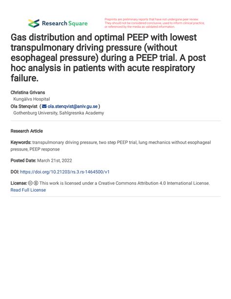 PDF Gas Distribution And Optimal PEEP With Lowest Transpulmonary