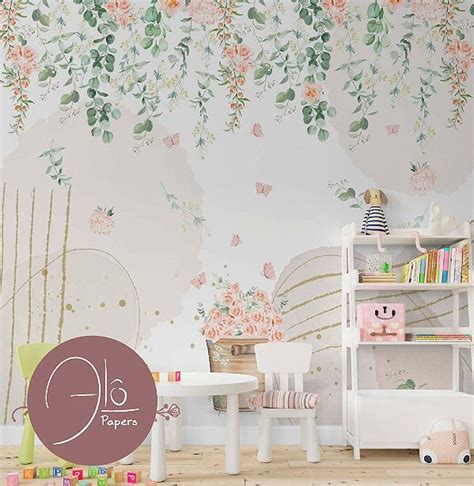 Papel De Parede Infantil Rama De Flores E Borboletas Em Aquarela