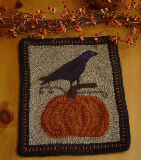 Primitive Hand Hooked Rug Crow On Pumpkin Autumn Rug Hooking Rug