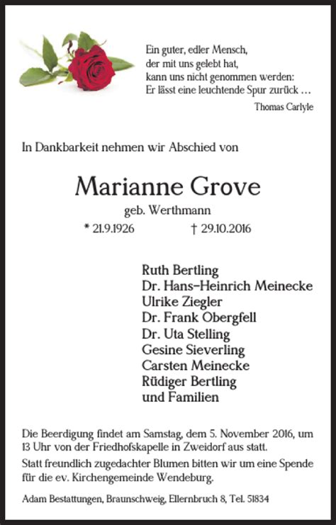 Traueranzeigen Von Marianne Grove Trauer38 De