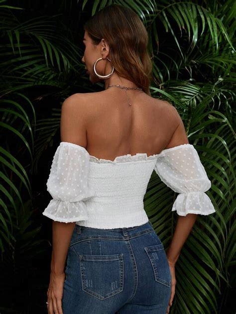 Shein Vcay Off Shoulder Frill Trim Knot Front Crop Blouse Shein Usa