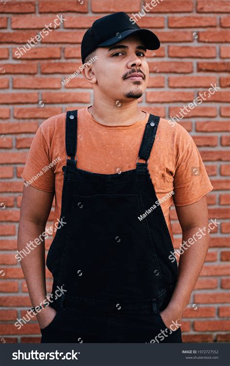 Black Male Model Portrait Overalls Front Stock Photo