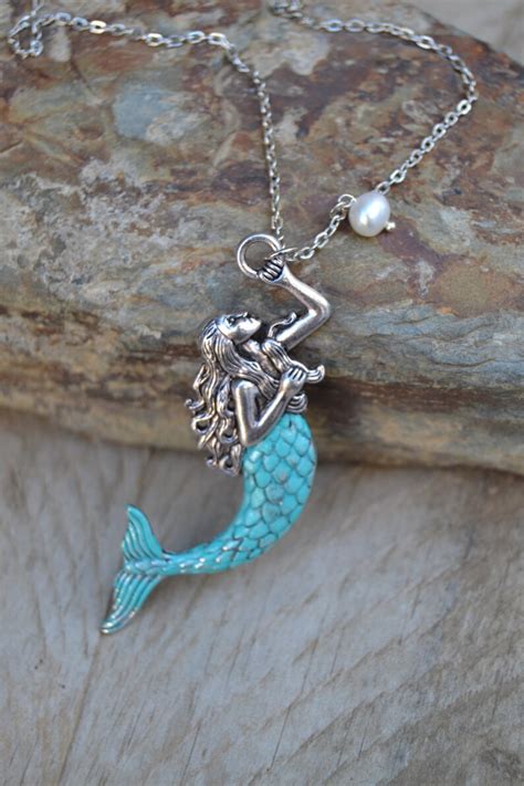 Silver Mermaid Necklace With Pearl Large Mermaid Pendant Etsy